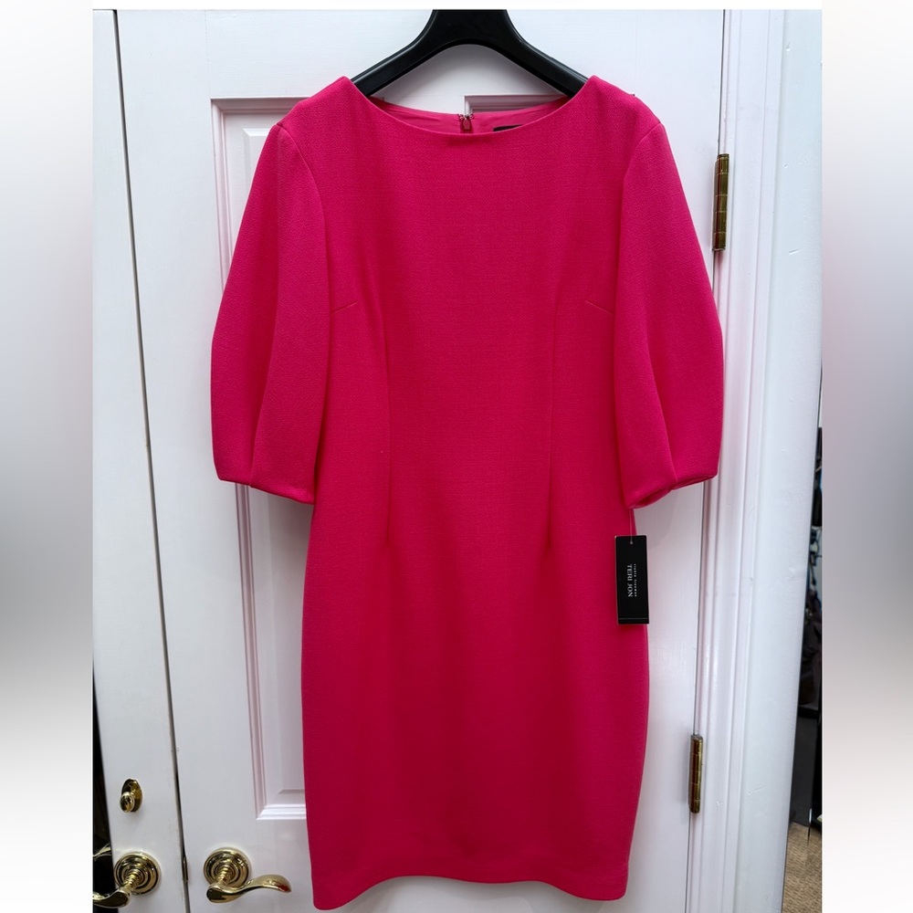 Teri Jon Fuchsia Classic Boat Neck Sheath Dress 3/4 Balloon Sleeve NWT 10